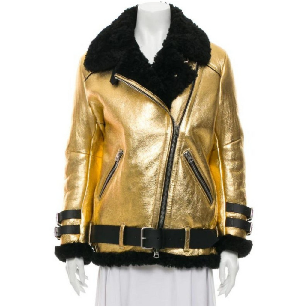 Women's Gold Metallic Foil Black Real Lambskin Furr Belted Shearling Coat