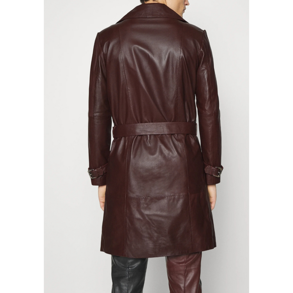 Mens Burgundy Belted Genuine Leather Trench Coat
