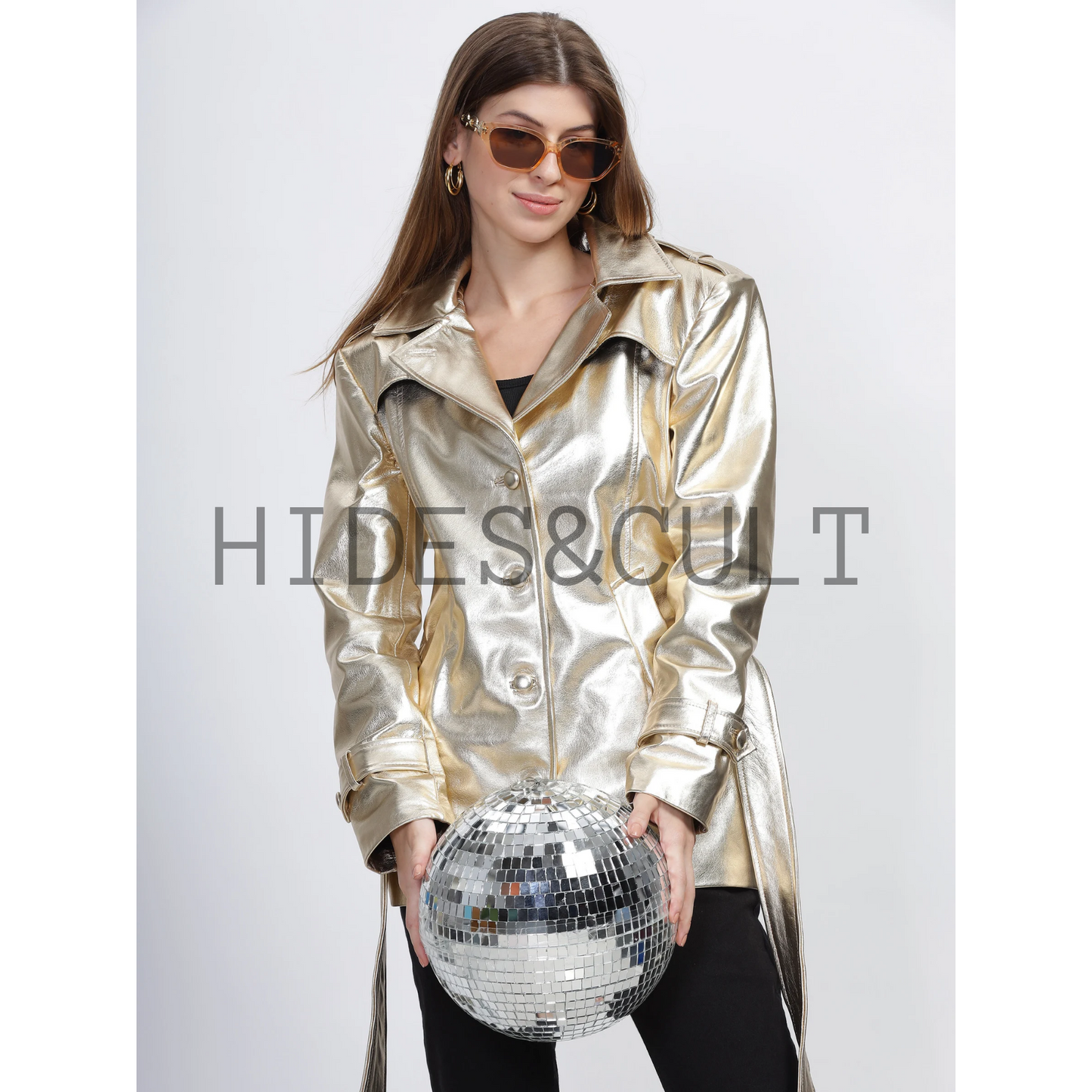 Womens Gold Metallic Foil Effect Belted Short Leather Trench Coat