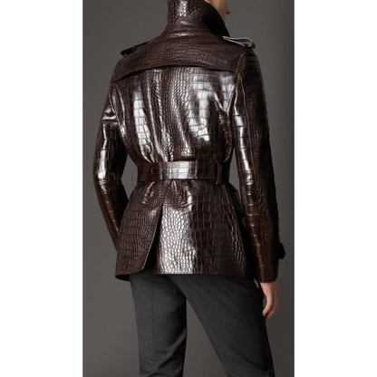 Mens Rich Brown Croc Embossed Effect Belted Real Leather Trench Coat Short Coat