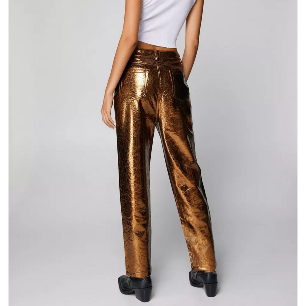 Women's Green Crackle Metallic Foil Straight Leg Genuine Leather Pants