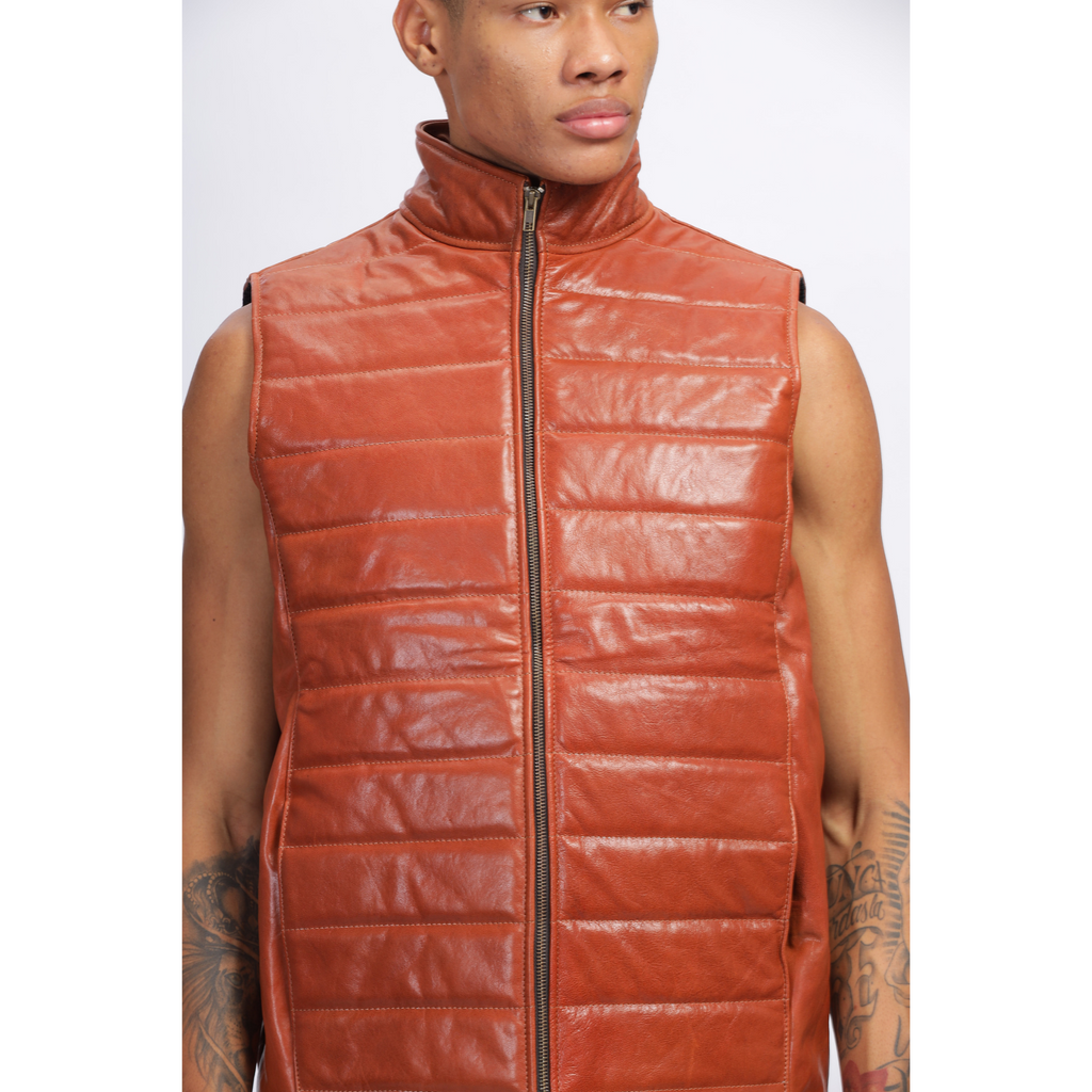 Mens Vintage Crunch Tan Puffer Style Crackle Leather Down Vest Jacket