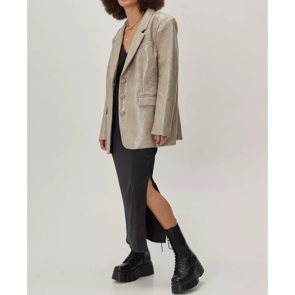 Women's Black Patent Croc Embossed Effect Vinyl Effect Genuine Leather Blazer