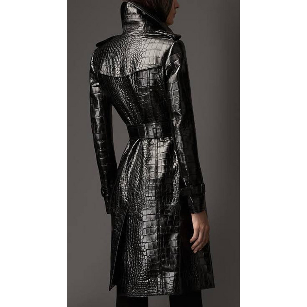 Women's Red Croc Embossed Effect Double Breasted Leather Trench Coat