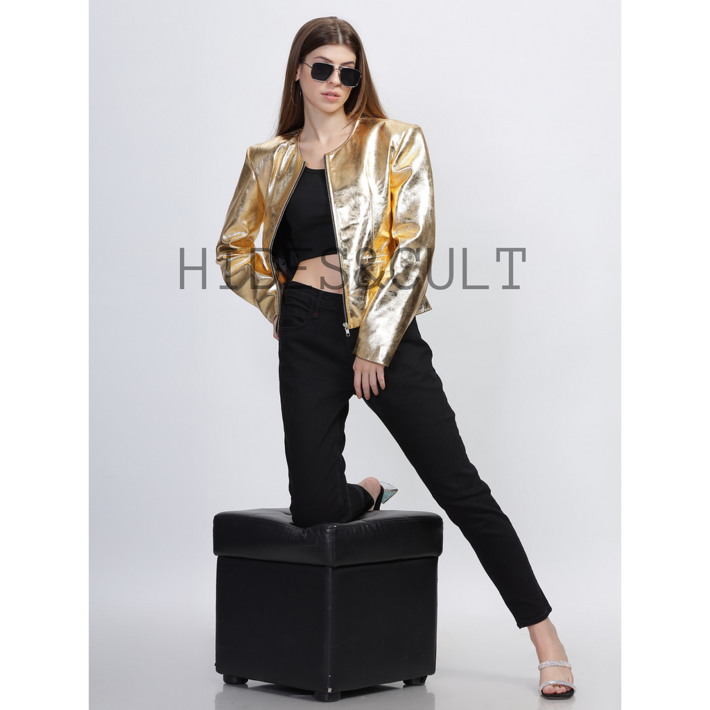 Women's Gold Metallic Foil Effect Round Neck Cropped Real Leather Jacket