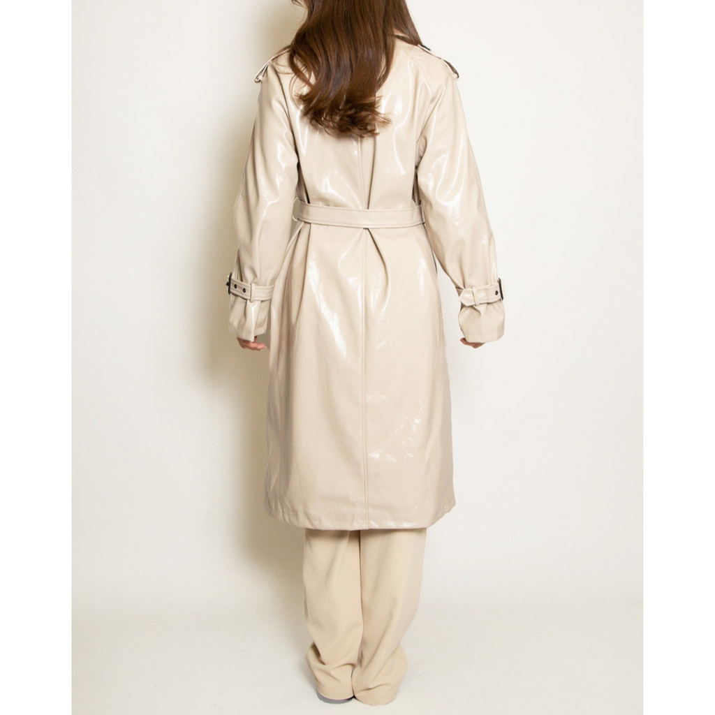 Women's Patent Vinyl Effect Double Breasted Real Leather Trench Coat