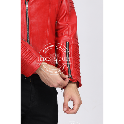 Mens Rich Red Slim Fit Motorcycle Biker Leather Jacket