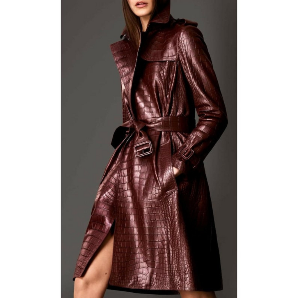 Women's Burgundy Red Croc Embossed Effect Double Breasted Leather Trench Coat