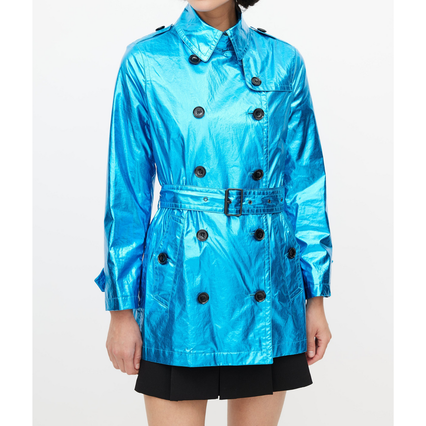 Women's Light Blue Metallic Foil Effect Double Breasted Short Leather Trench Coat