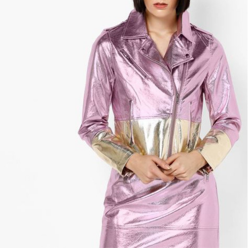 Women's Purple - Gold Two Tone Effect Metallic Foil Motorcycle Biker Leather Jacket