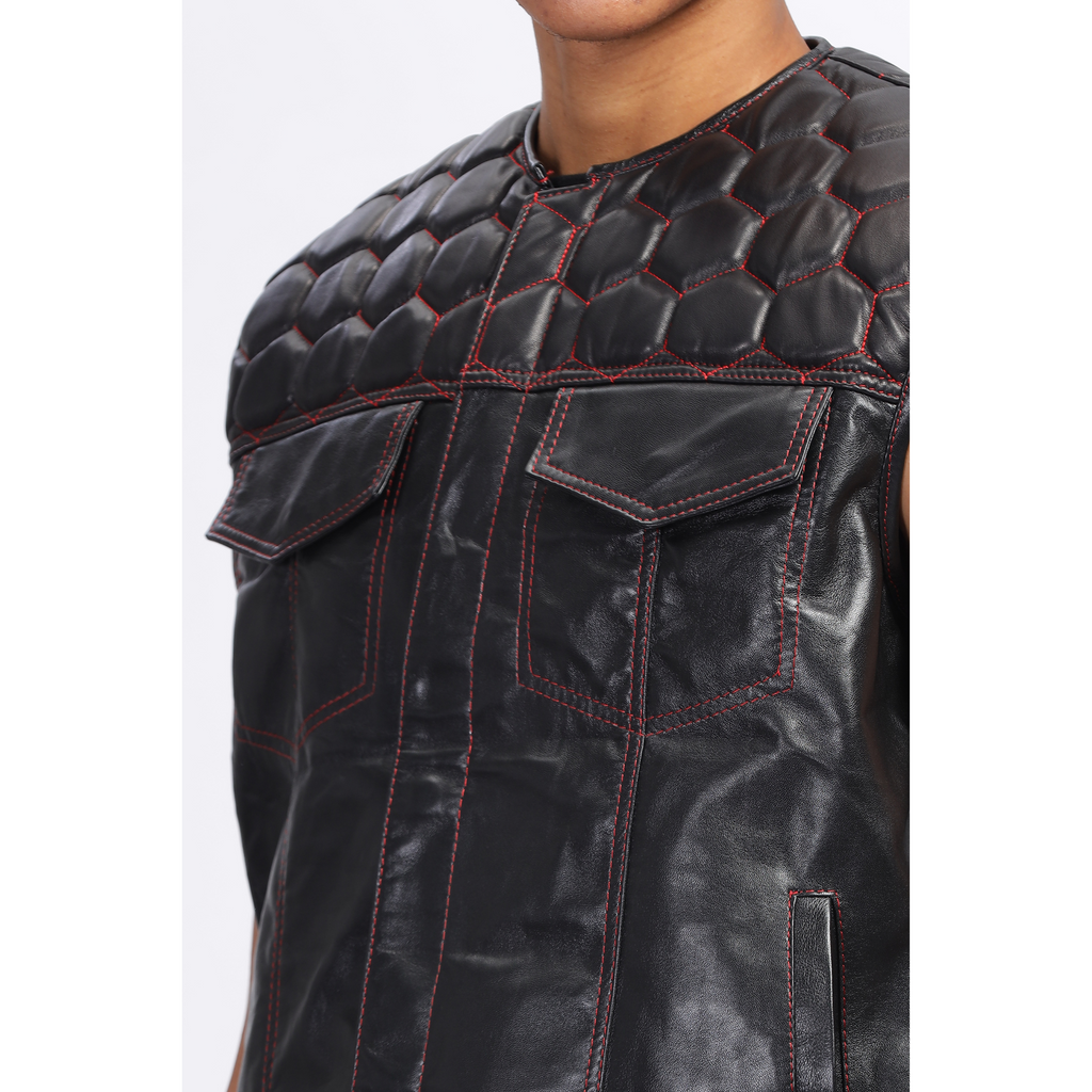 Mens Black Honeycomb Quilted Leather Vest Coat