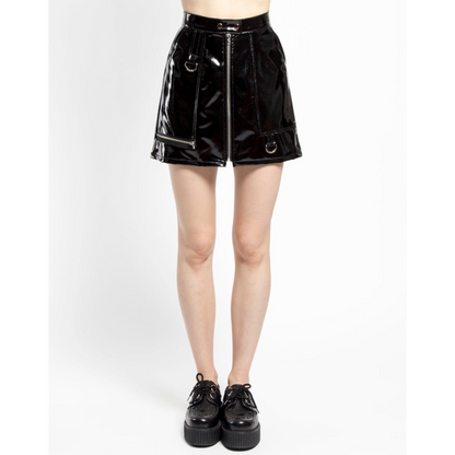 Women's Black Zip Front A Line Mini Leather Skirt