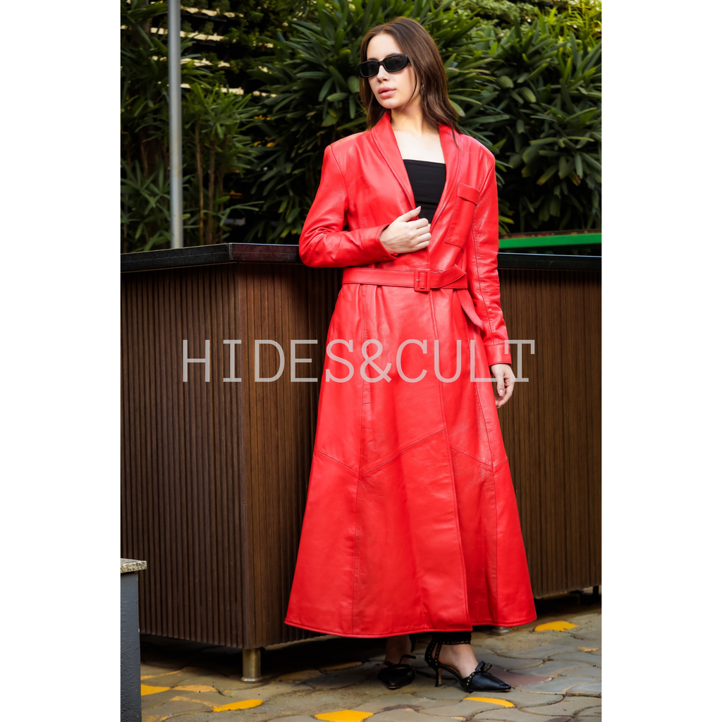 Women's Red Genuine Leather Long Maxi Dress