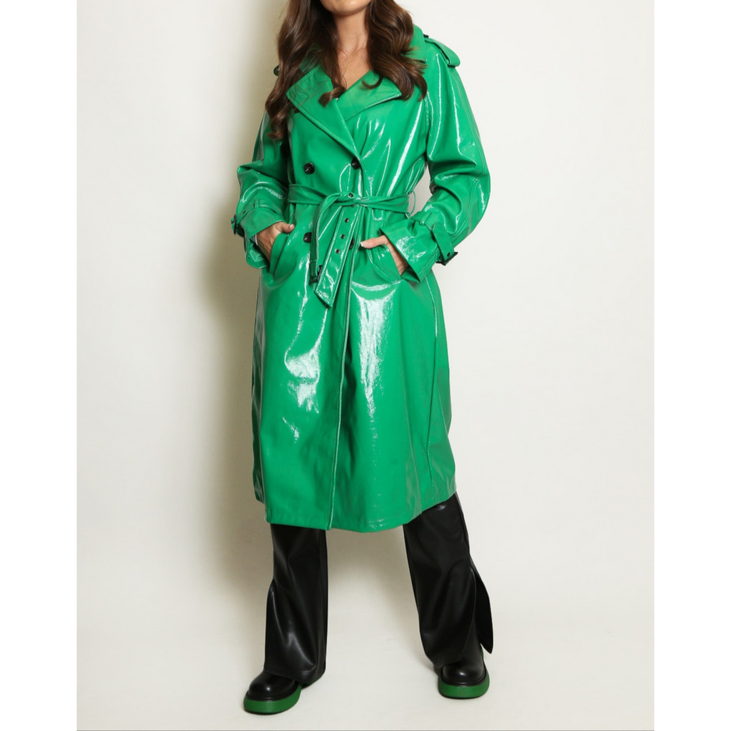 Women's Patent Vinyl Effect Double Breasted Real Leather Trench Coat