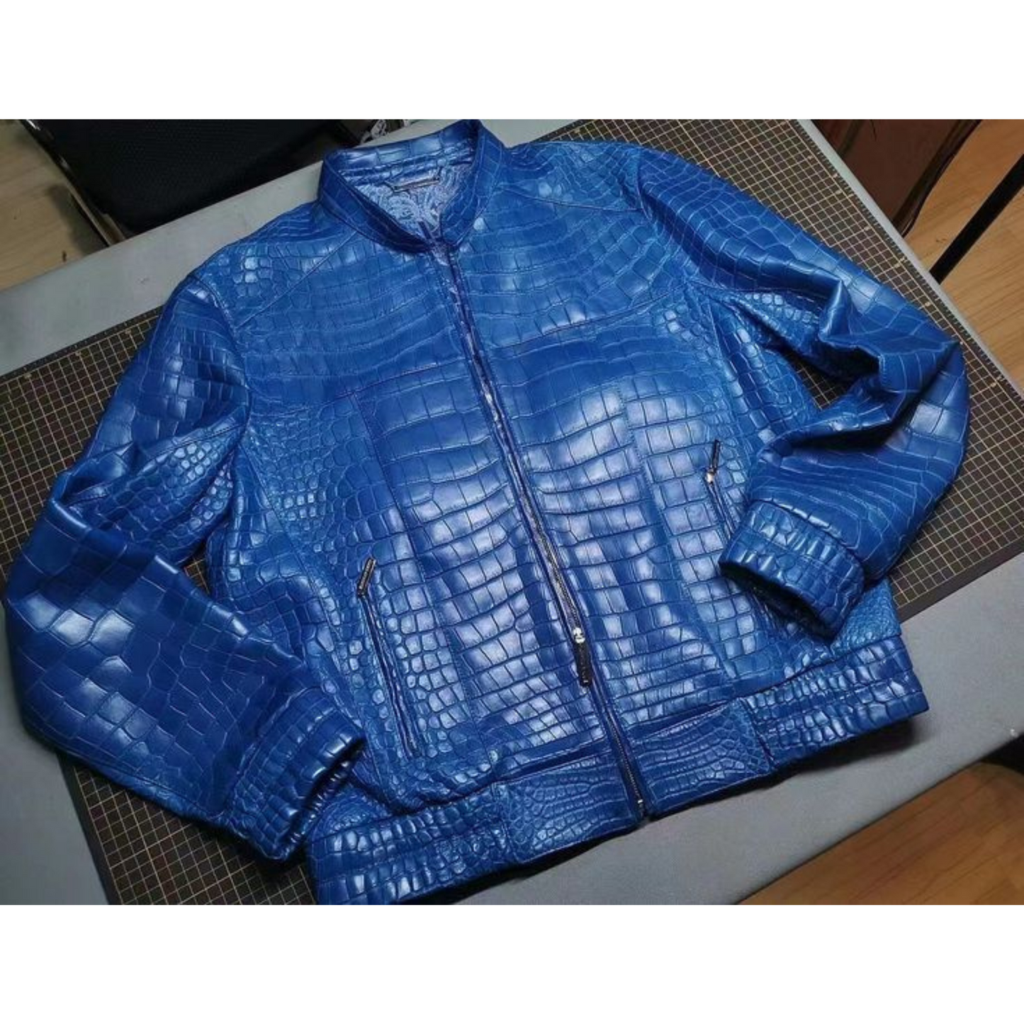 Mens Blue Croc Embossed Effect Elasticated Leather Jacket