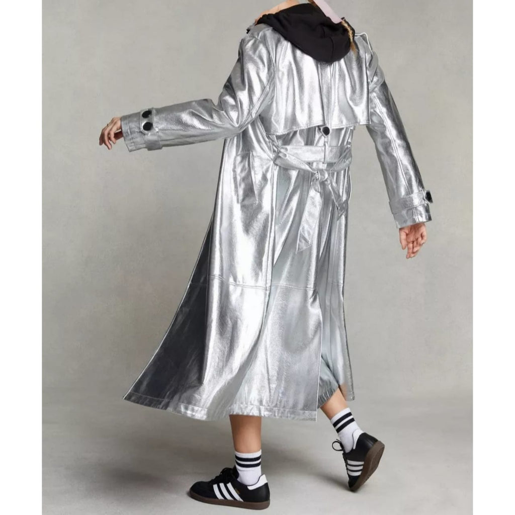 Women's Silver Metallic Foil Double Breasted Leather Trench Coat