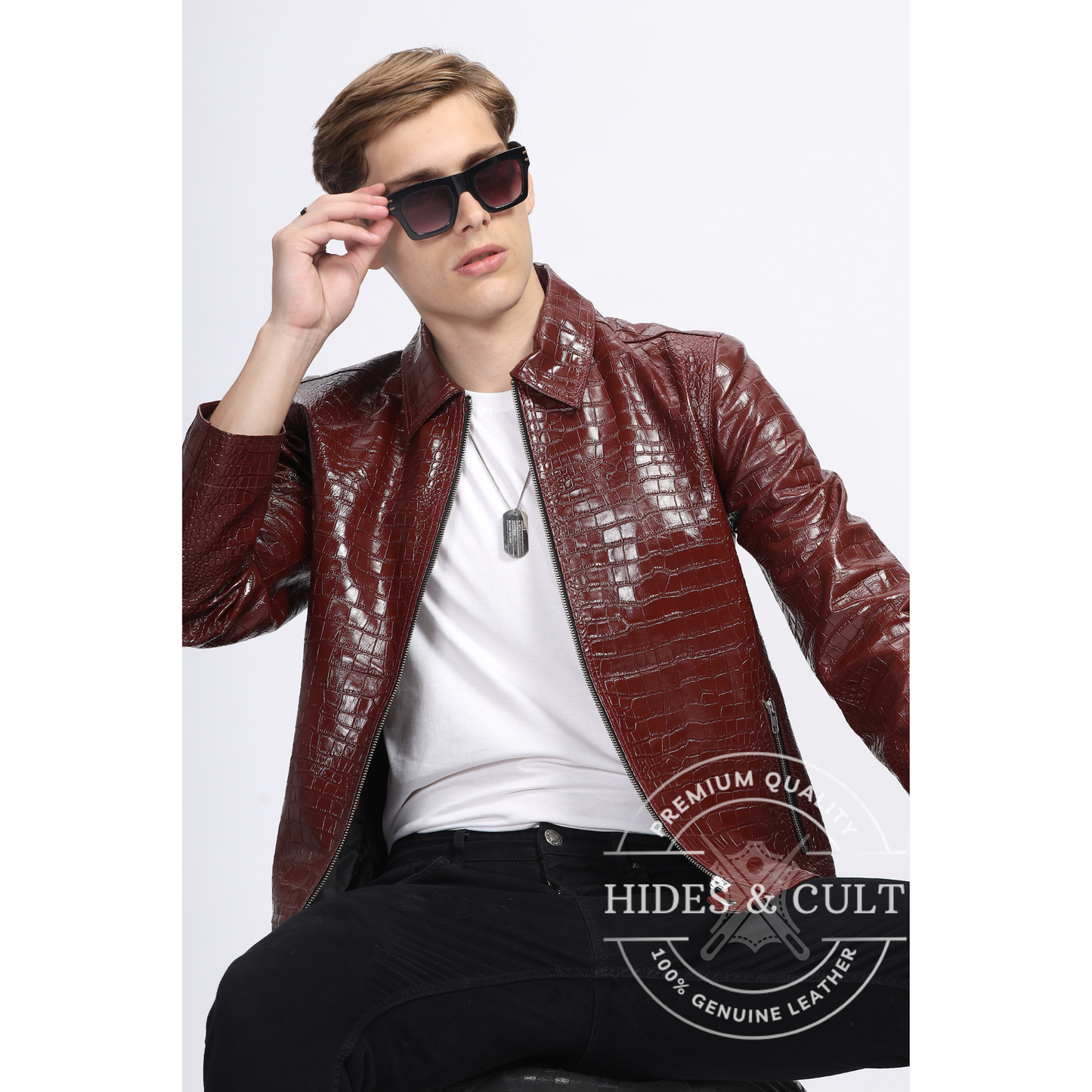 Mens Maroon Croc Detail Leather Jacket