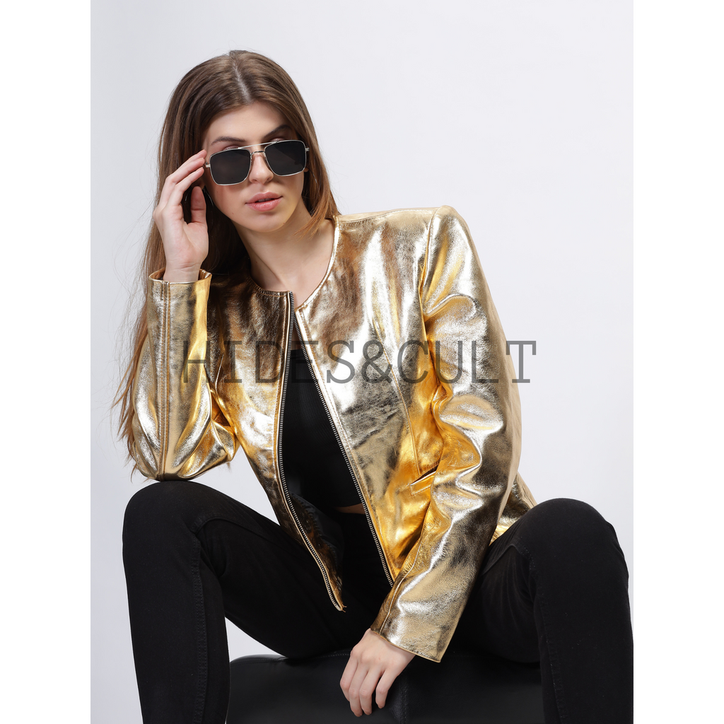 Women's Gold Metallic Foil Effect Round Neck Cropped Real Leather Jacket