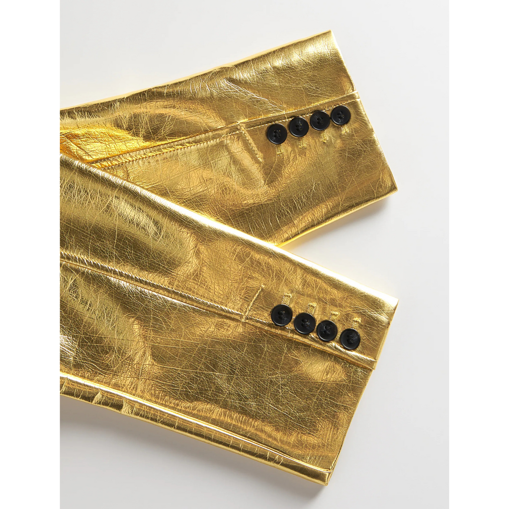 Women's Shiny Yellow Gold Metallic Foil Effect Double Breasted Leather Trench Coat