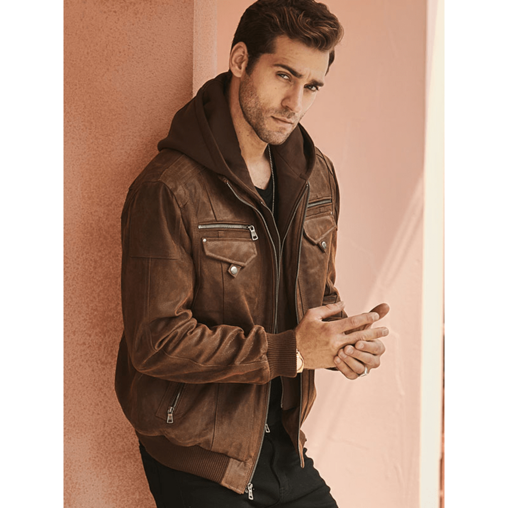 Mens Brown Suede Nubuck Bomber Style Motorcycle Leather Jacket with detachable Brown Fleece Hood