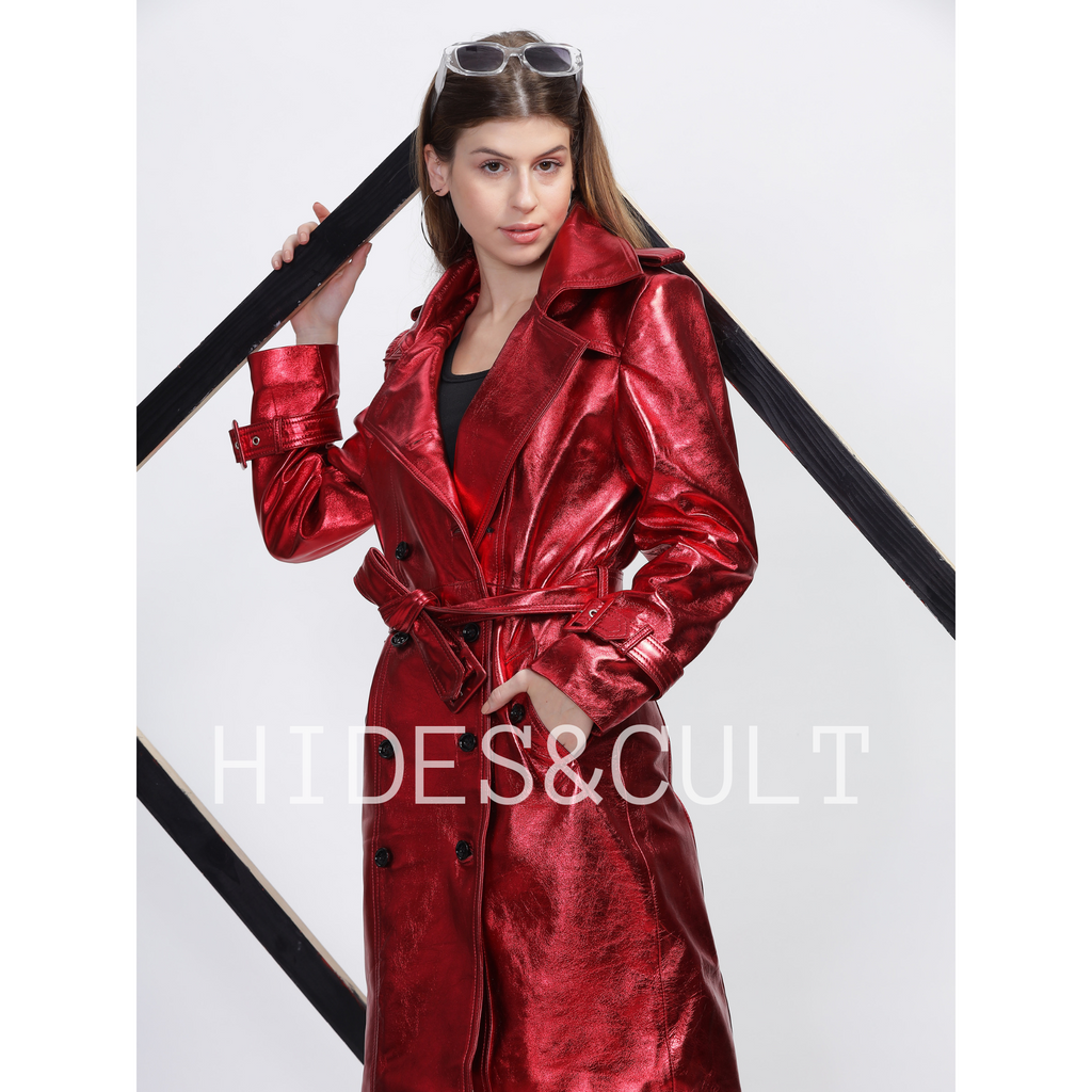 Womens Cherry Red Metallic Foil Effect Double Breasted Belted Leather Trench Coat