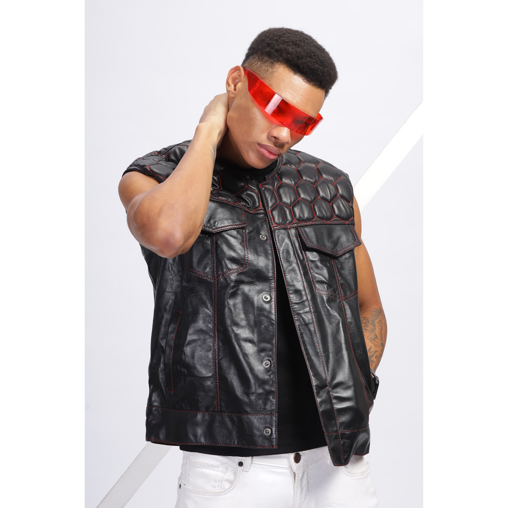 Mens Black Honeycomb Quilted Leather Vest Coat