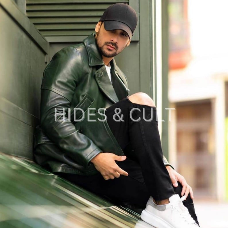 Mens Olive Green Double Breasted Leather Trench Coat Short Coat