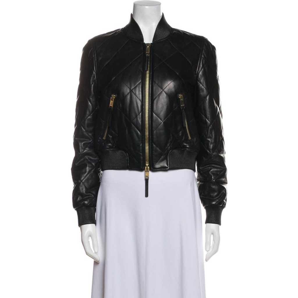 Women's Black Quilted Puffer Cropped Bomber Style Leather Jacket