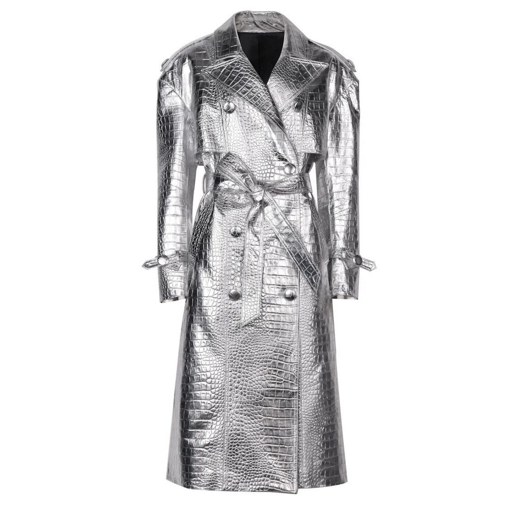 Women's Silver Metallic Foil Croc Embossed Effect Double Breasted Genuine Leather Trench Coat