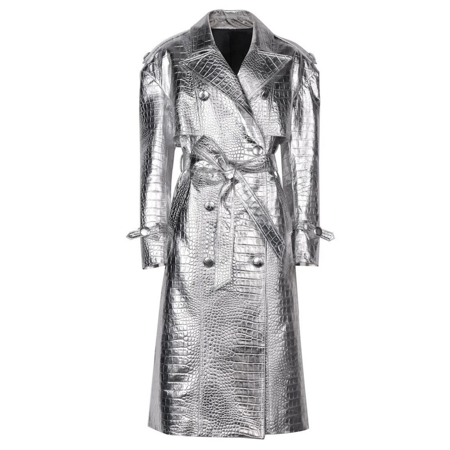 Women's Silver Metallic Foil Croc Embossed Effect Double Breasted Genuine Leather Trench Coat