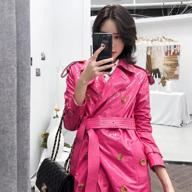 Womens Pink Patent Double Breasted Real Leather Trench Coat