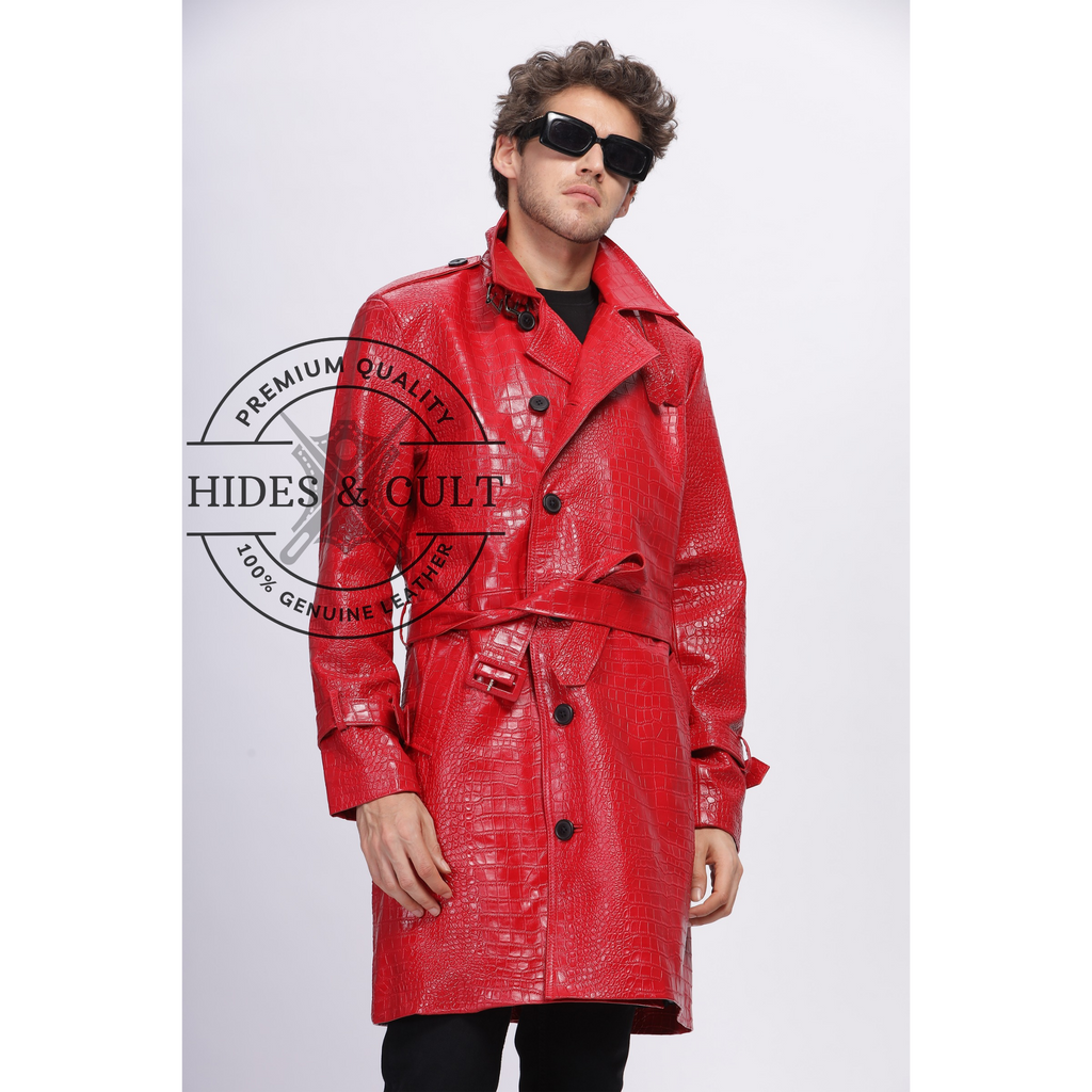 Mens Rich Red Croc Leather Trench