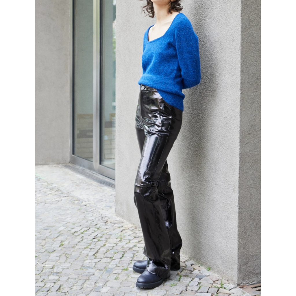 Women's Black Patent Vinyl Effect Straight Leg Genuine Leather Pants