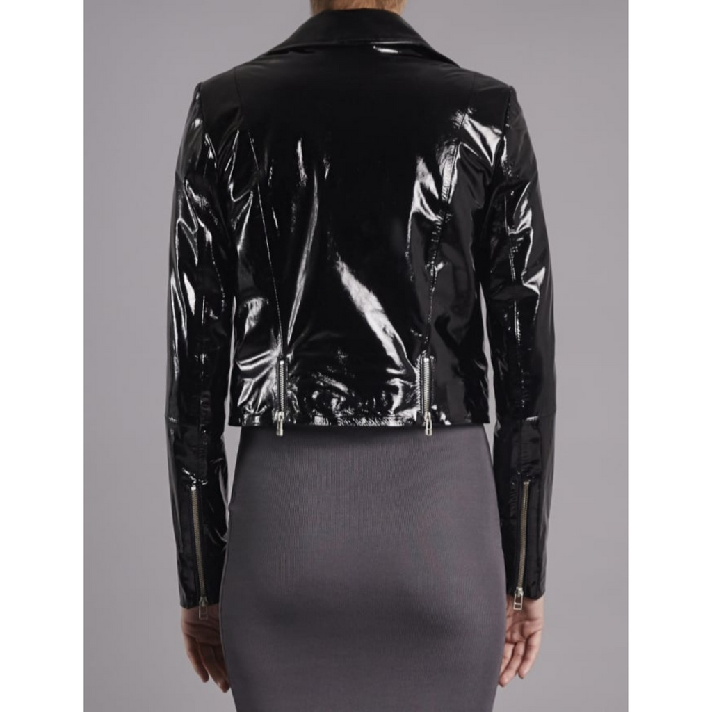 Women's Black Patent Zipper Detail Motorcycle Biker Leather Jacket