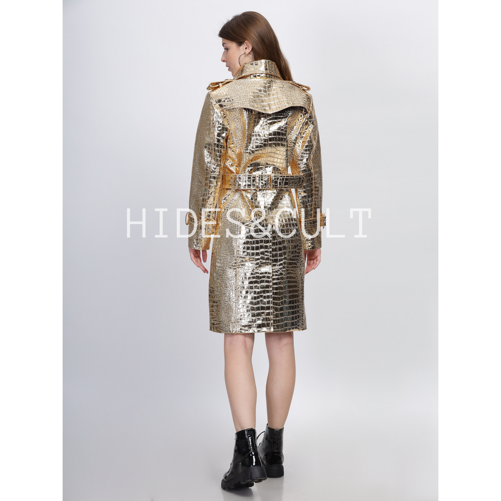 Womens Gold Metallic Foil Croc Embossed Effect Double Breasted Genuine Leather Trench Coat