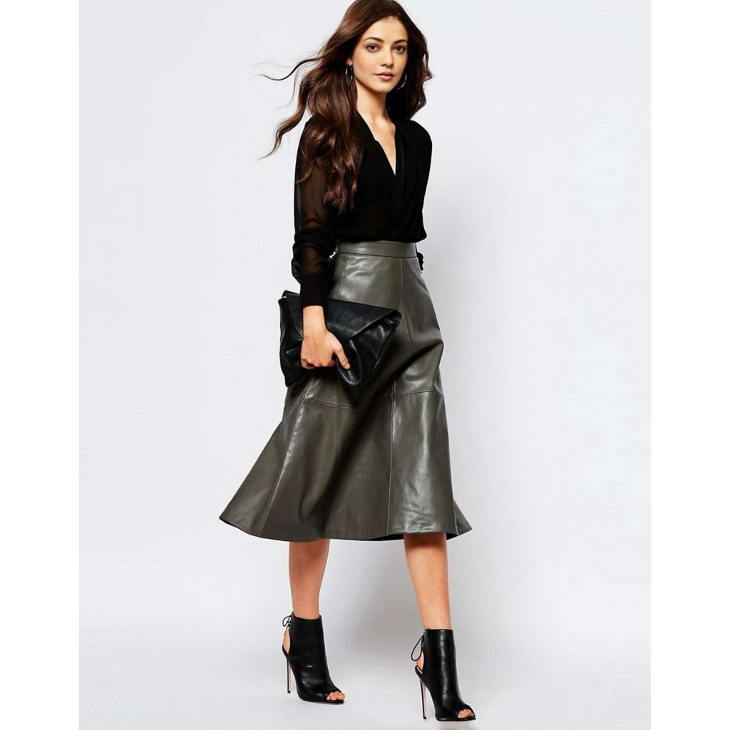 Women's Grey A Line Midi Leather Skirt | Hides&Cult