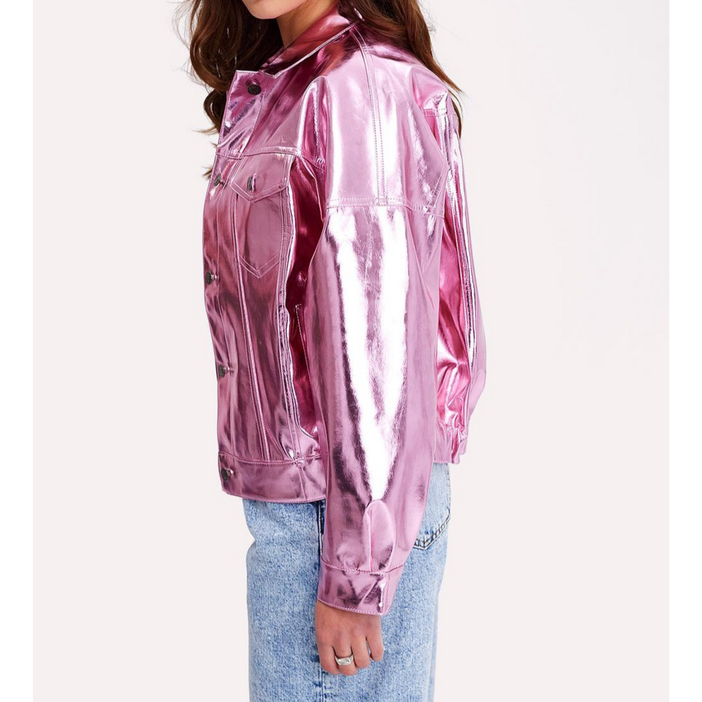 Women's Pink Metallic Foil Denim Style Genuine Leather Shacket