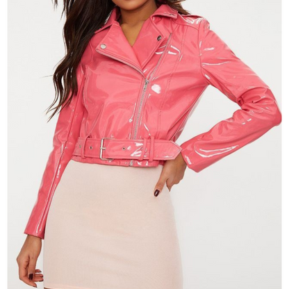 Women's Barbie Pink Patent Vinyl Effect Motorcycle Biker Belted Genuine Leather Jacket