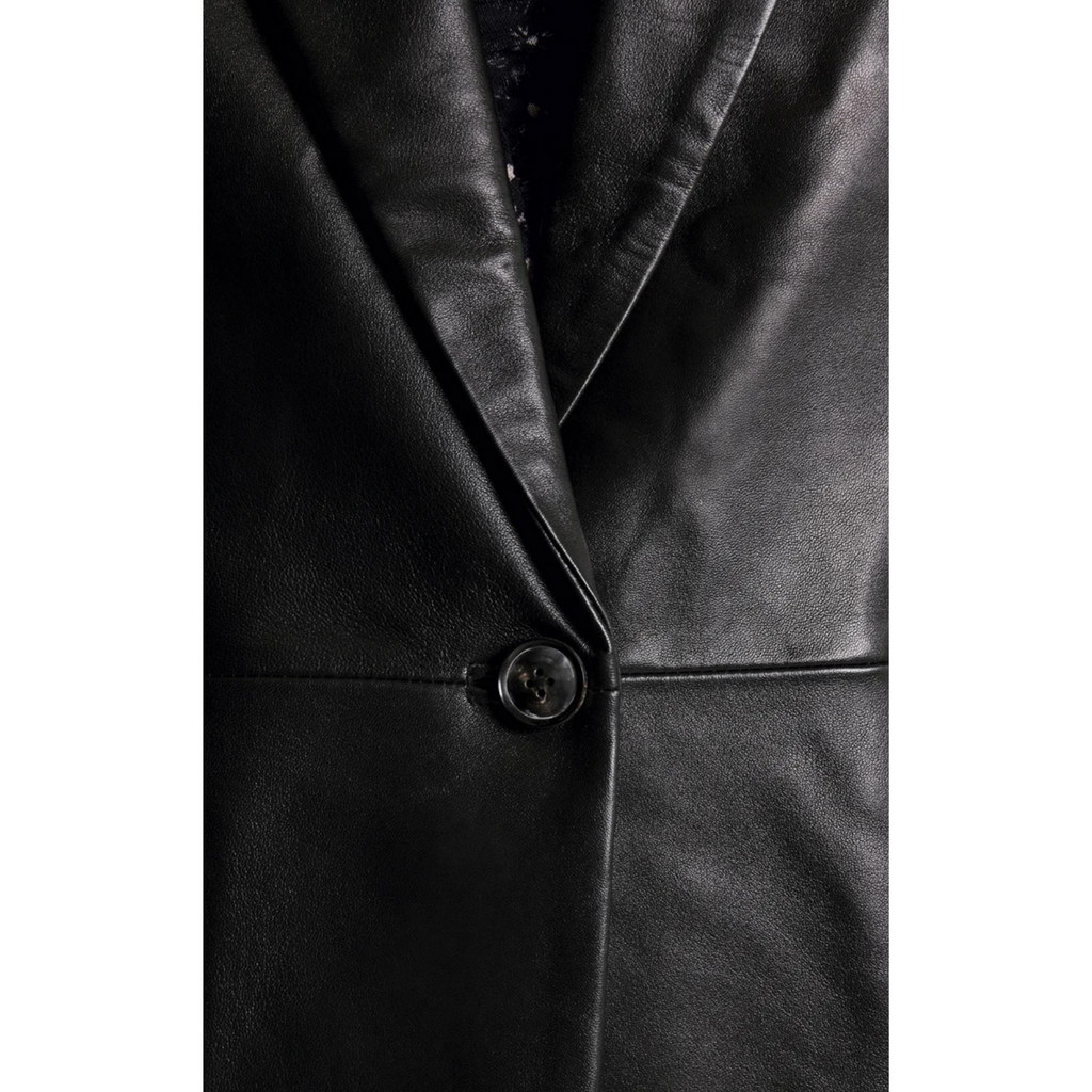 Women's Green Single Buttoned Genuine Leather Blazer