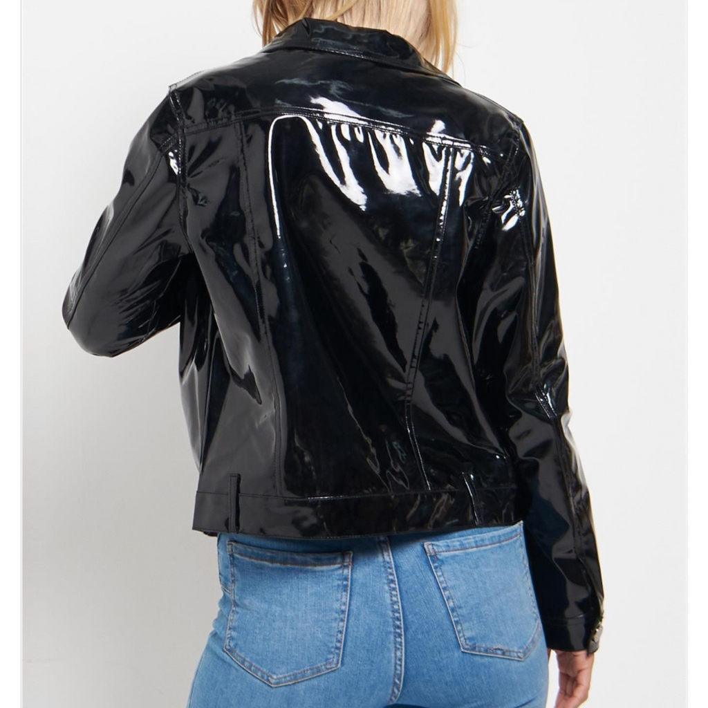 Women's Glossy Black Patent Denim Style Genuine Leather Jacket