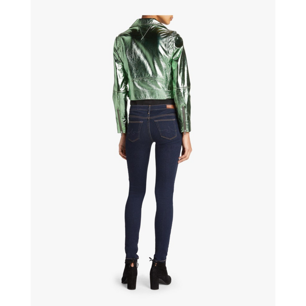 Women's Green Metallic Foil Cropped Motorcycle Biker Leather Jacket