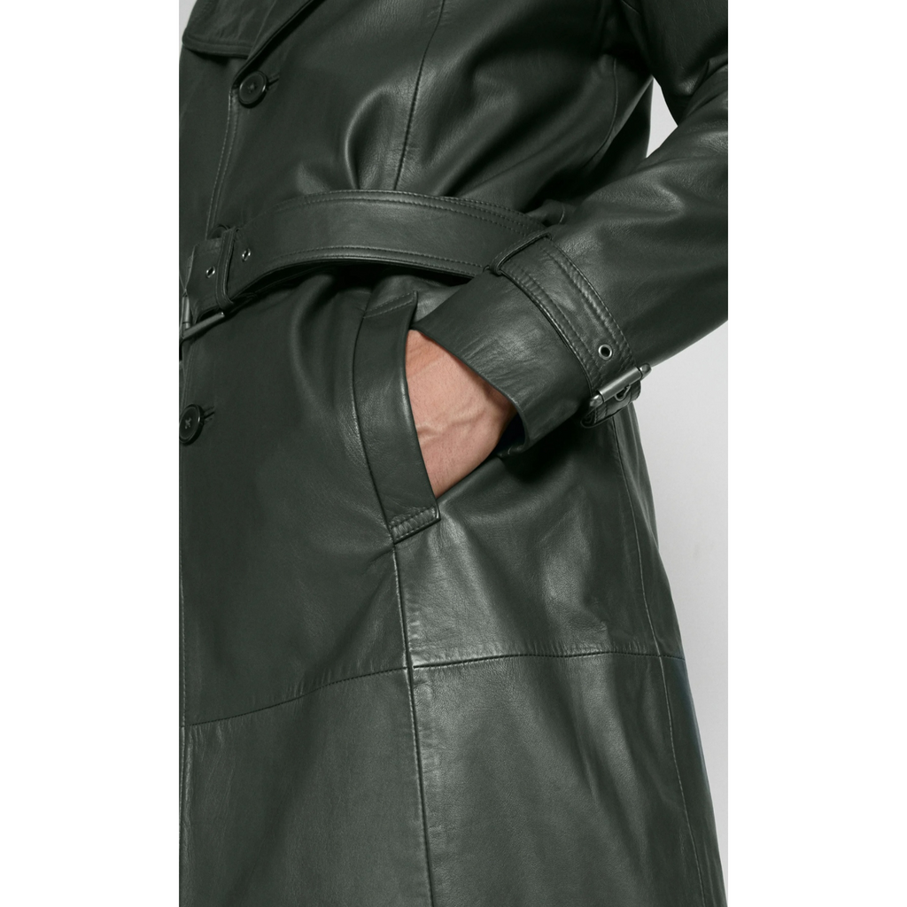 Mens Green Belted Genuine Leather Trench Coat Car Coat  also available in Burgundy Black