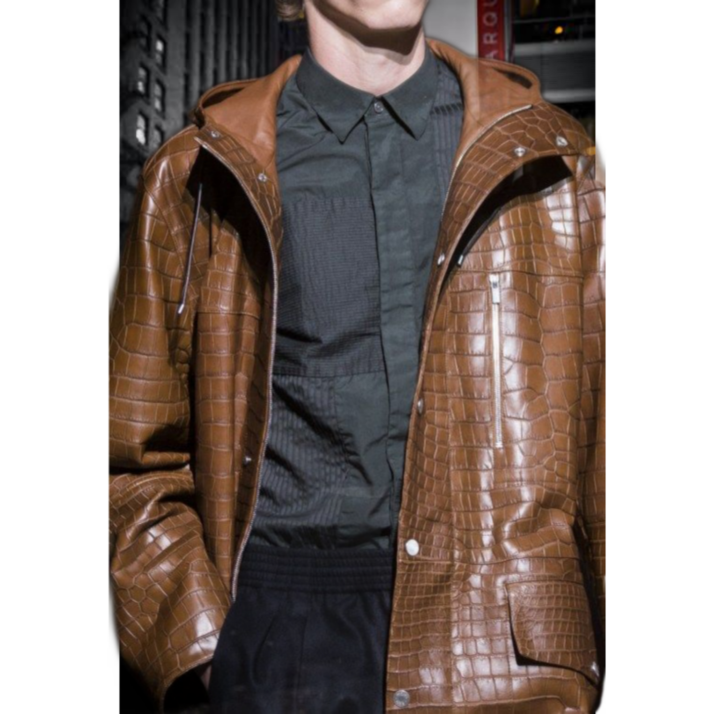 Men's Brown Croc Embossed Effect Hooded Real Leather Long Coat