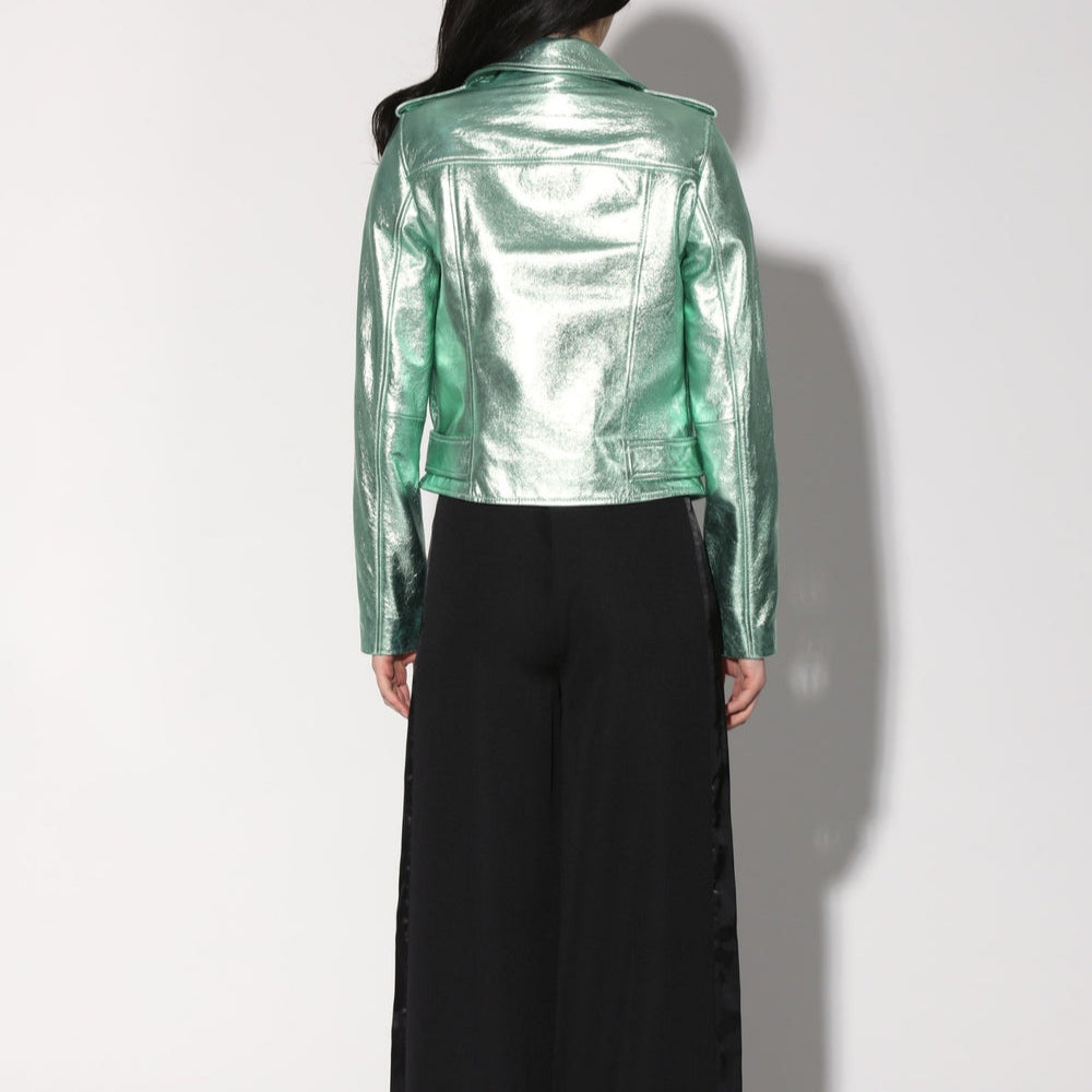 Women's Mint Green Metallic Foil Motorcycle Biker Belted Leather Jacket