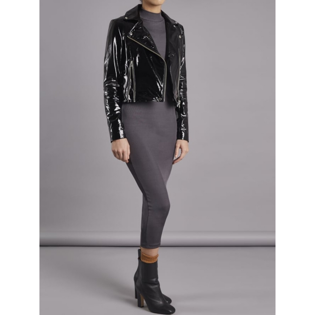 Women's Black Patent Zipper Detail Motorcycle Biker Leather Jacket