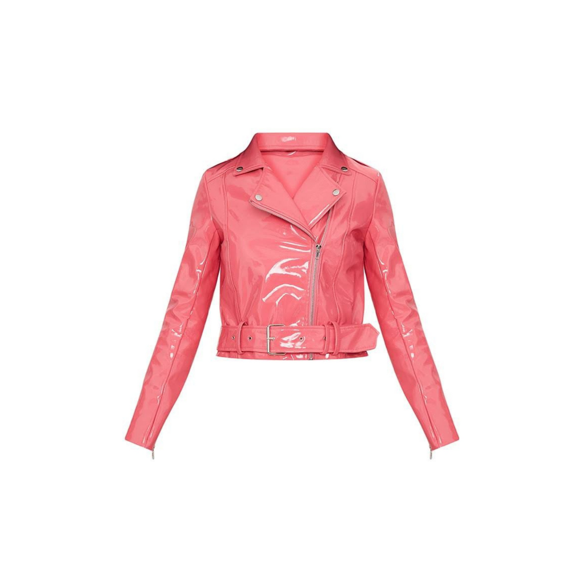 Women's Barbie Pink Patent Vinyl Effect Motorcycle Biker Belted Genuine Leather Jacket