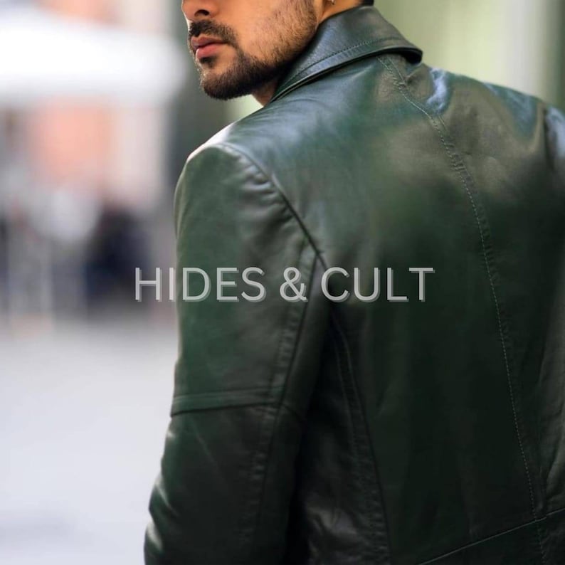Mens Olive Green Double Breasted Leather Trench Coat Short Coat
