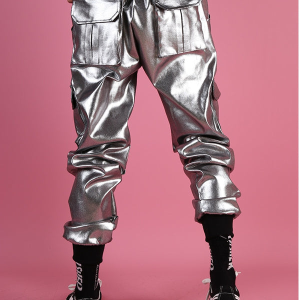 Men's Silver Metallic Foil Cargo Jogger Leather Pants