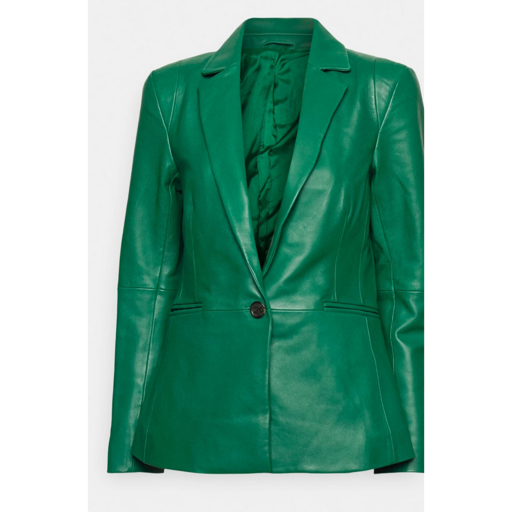 Women's Green Single Buttoned Genuine Leather Blazer
