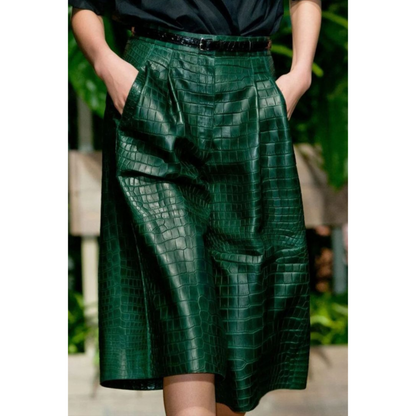 Women's Emerald Green Croc Embossed Effect Panelled Genuine Leather Skirt | Hides&Cult